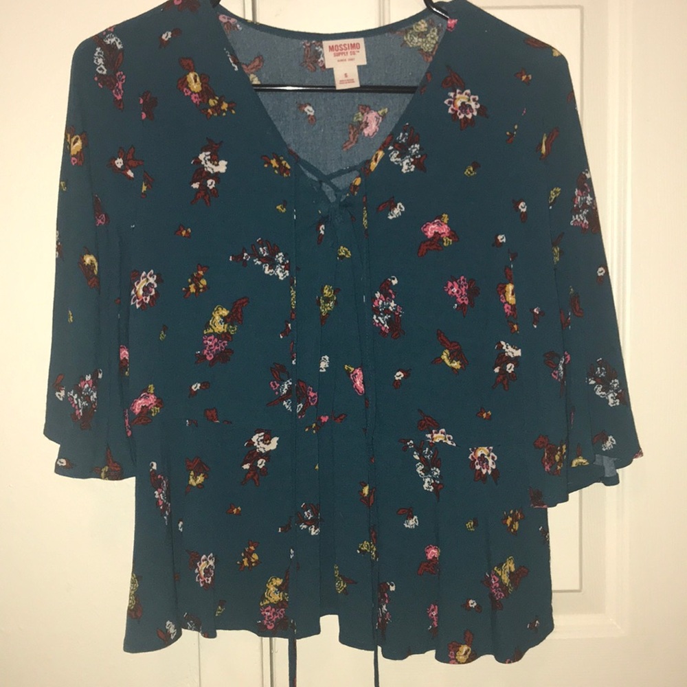 Blue Floral Lace Up Top with Slight Peplum